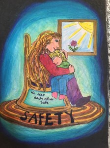 https://colortoheal.com/
Drawn by Jen Callow
Colored by Crystals Image of an adult holding a child on their lap. They are in a rocking chair with a blue/teal background. There's a drawing of a sun and flower on the wall and inside of the rocking chair says "We keep each other safe". It says the word safety in big letters on the carpet