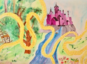 Water Color by Crystals Water Color by Crystals
Image of a yellow brick road laid over a river, a tree, and a meadow. There are flowers and a rocking chair and a pink/purple castle on top of a stone mountain.